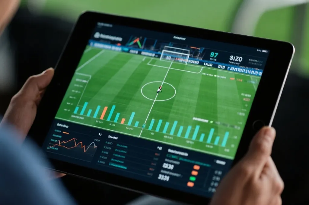 A tablet displaying real-time sports analytical data and live match statistics