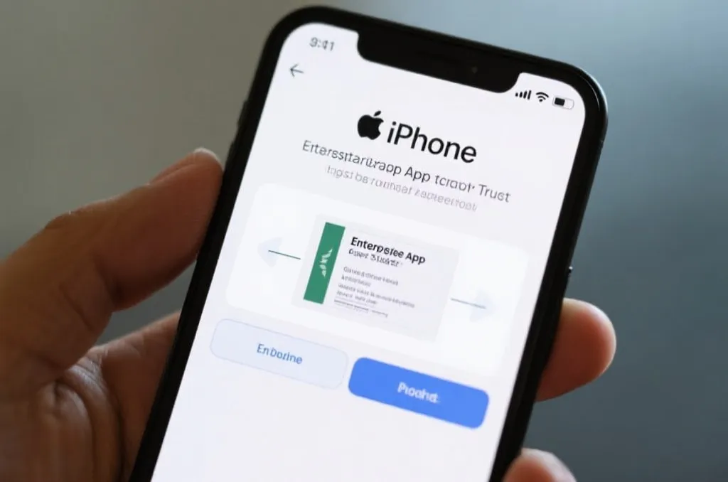 iOS settings screen showing enterprise app trust certificate configuration flow